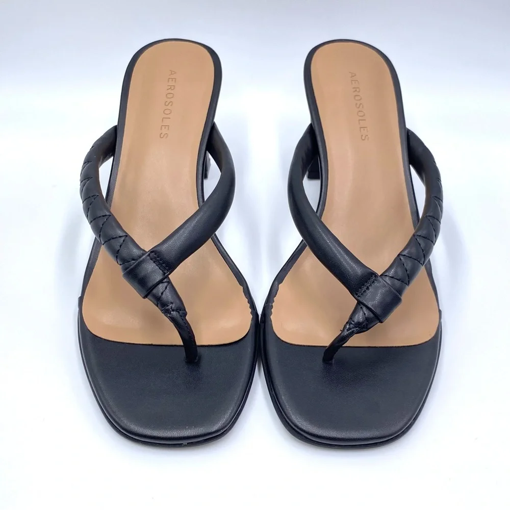 Aerosoles Size 8.5 Black Faux Leather Square Toe Heels Dress Sandals Shoes‎